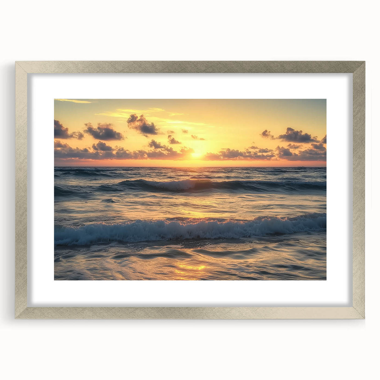 Framed landscape artwork depicting serene beaches, featuring a silver frame and matting, ideal for coastal decor enthusiasts. Perfect for enhancing living spaces.