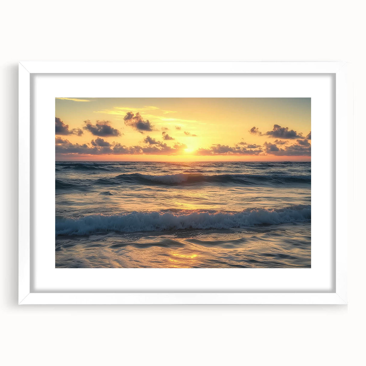 Landscape art print of serene beaches framed with a white mat, showcasing vibrant colors and calming ocean waves, perfect for home decor.