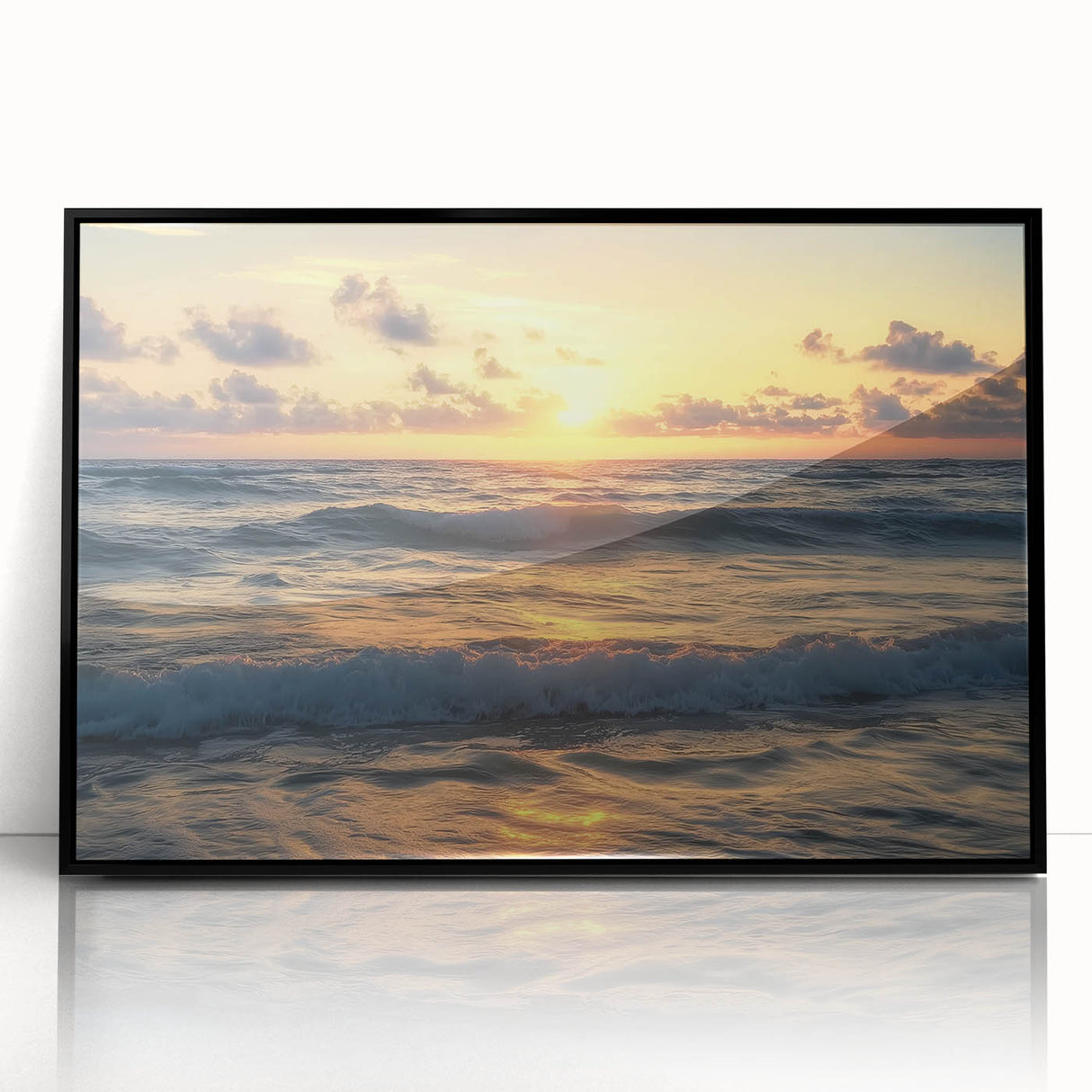 Framed acrylic artwork showcasing a serene beach landscape with vibrant colors and detailed textures, set in a sleek black frame, ideal for coastal decor.