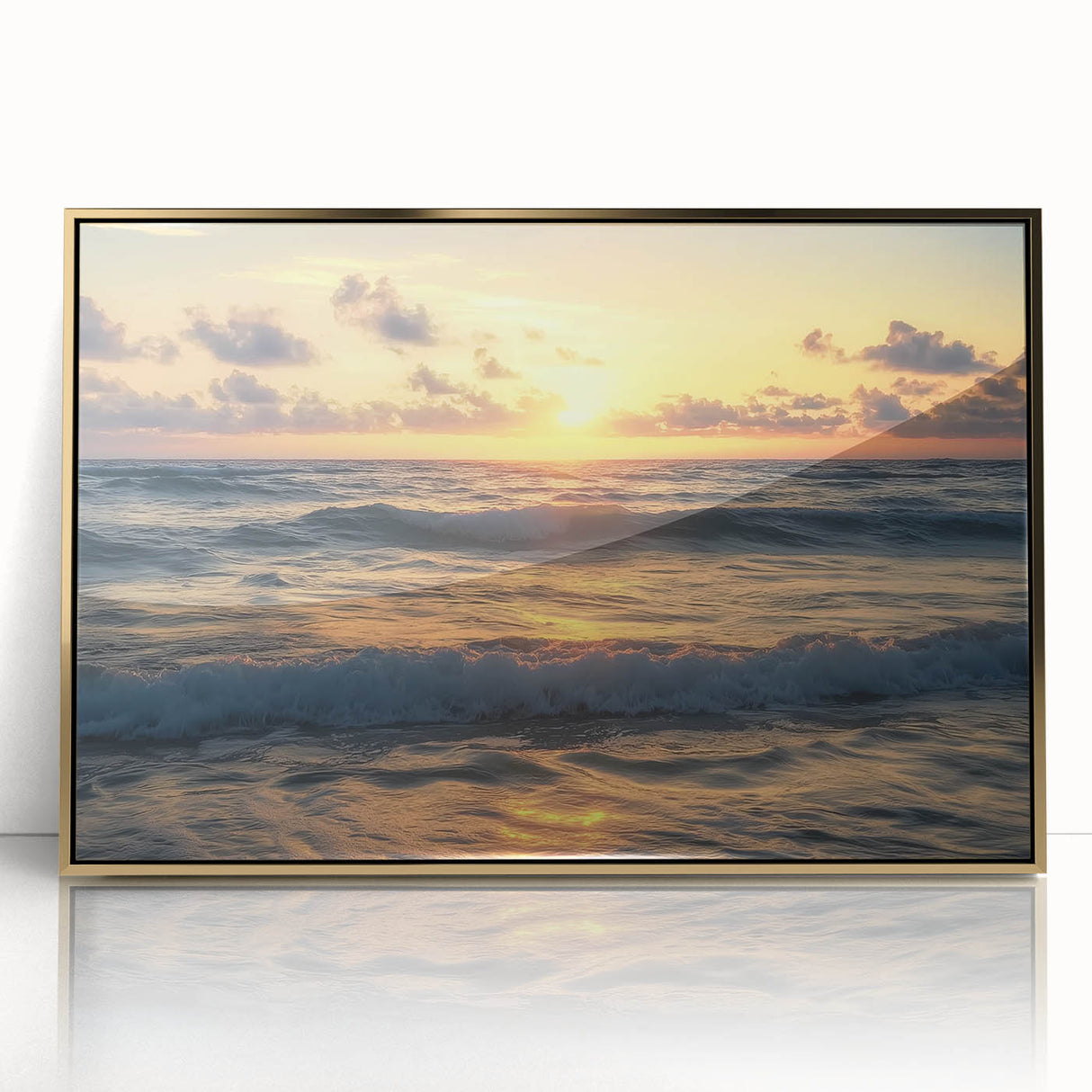 Framed acrylic artwork depicting a serene beach landscape, featuring vibrant colors of the ocean and golden sand, enhancing any coastal-themed decor.