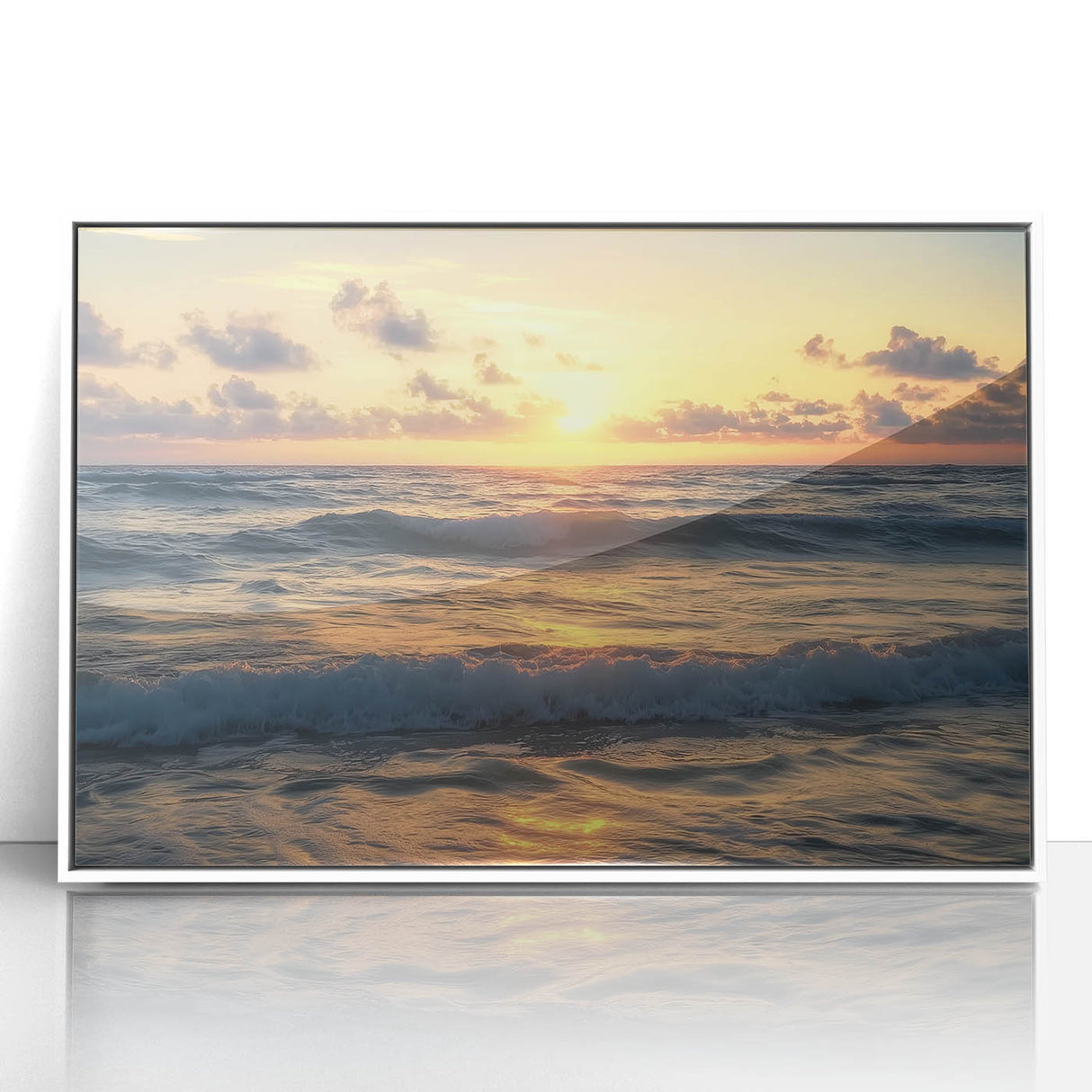 Framed acrylic artwork depicting a serene beach landscape with vibrant colors, perfect for home decor, enhancing living spaces with a coastal vibe.