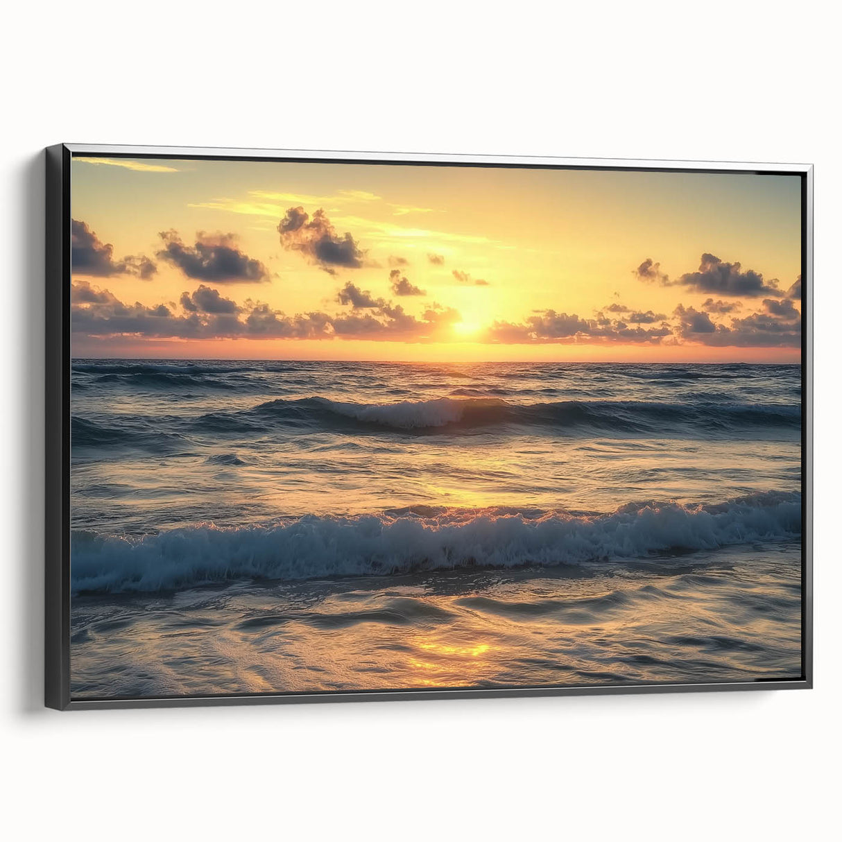 Framed canvas artwork depicting a serene beach landscape with vibrant blue skies and soft sands, showcasing a sleek black frame that enhances its coastal beauty. Ideal for home decor or beach-themed interiors.
