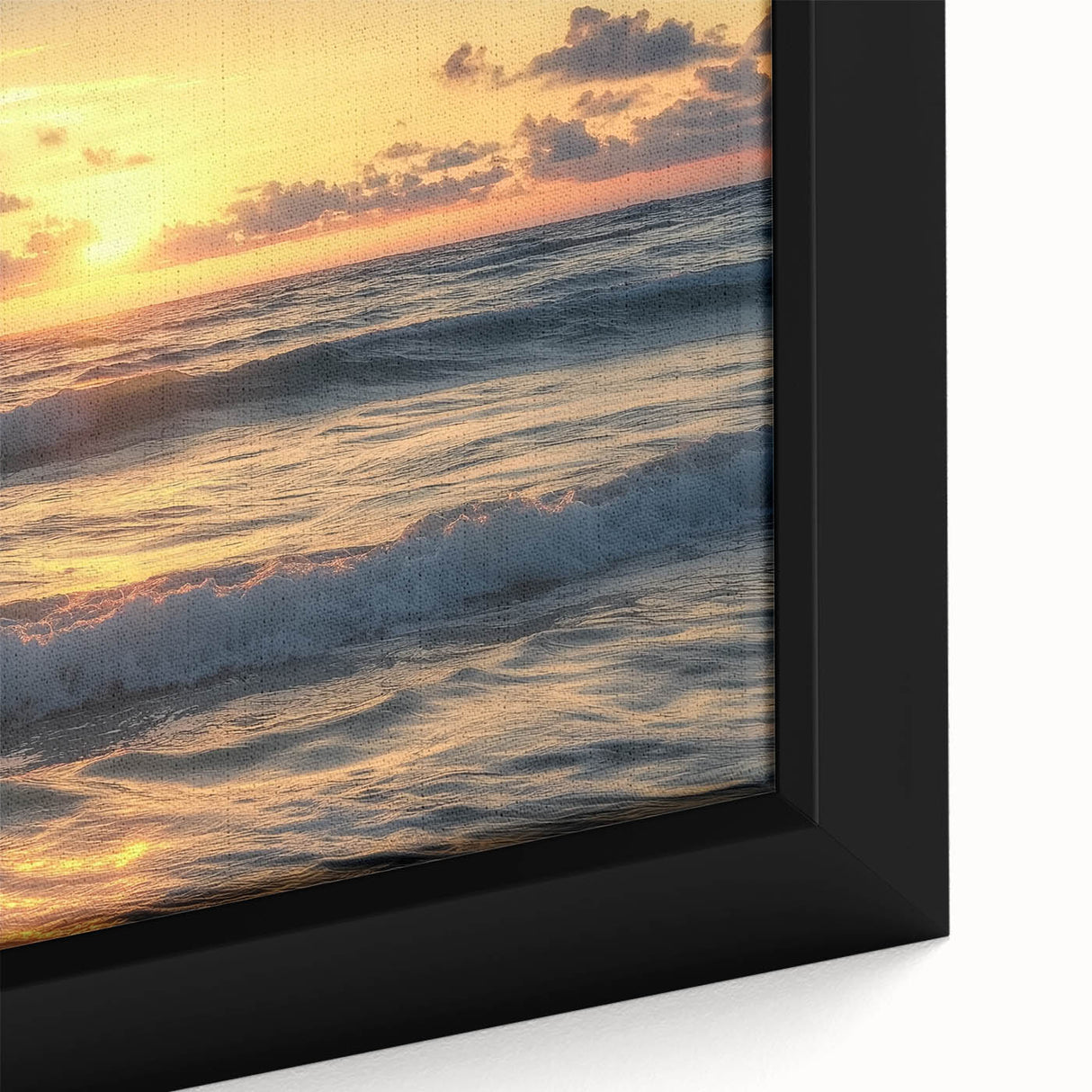 Close-up of a framed canvas artwork depicting a serene beach landscape, showcasing vibrant colors and intricate details, perfect for home decor and coastal themes.