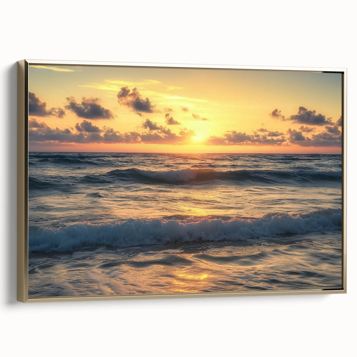 Framed canvas artwork showcasing a serene beach landscape with vibrant colors, featuring a gold side frame. Perfect for enhancing coastal-themed decor.