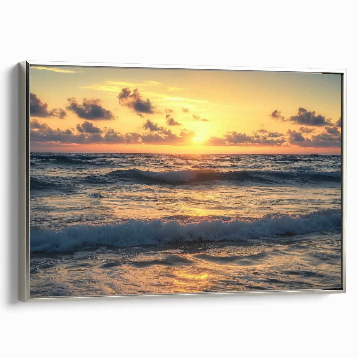 Framed canvas artwork of a serene beach landscape featuring soft pastel colors and silver frame, perfect for enhancing modern home decor.