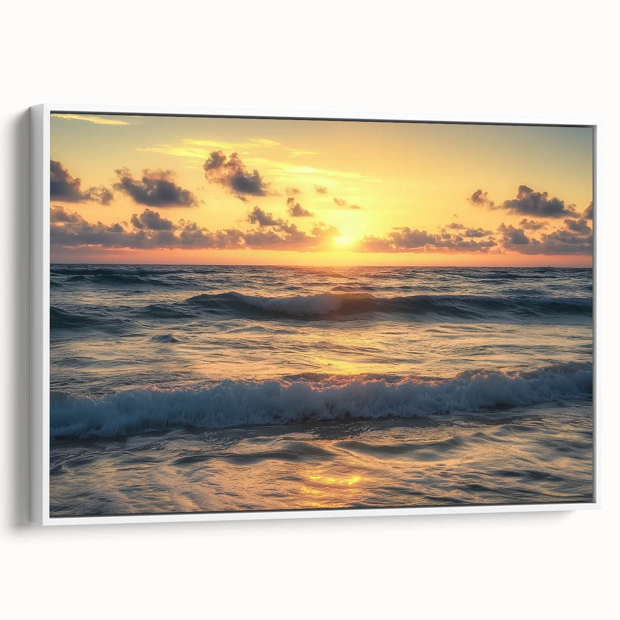 Framed canvas artwork depicting a serene beach landscape, showcasing soft blue skies and golden sands, with a white frame enhancing its elegance. Perfect for coastal decor.
