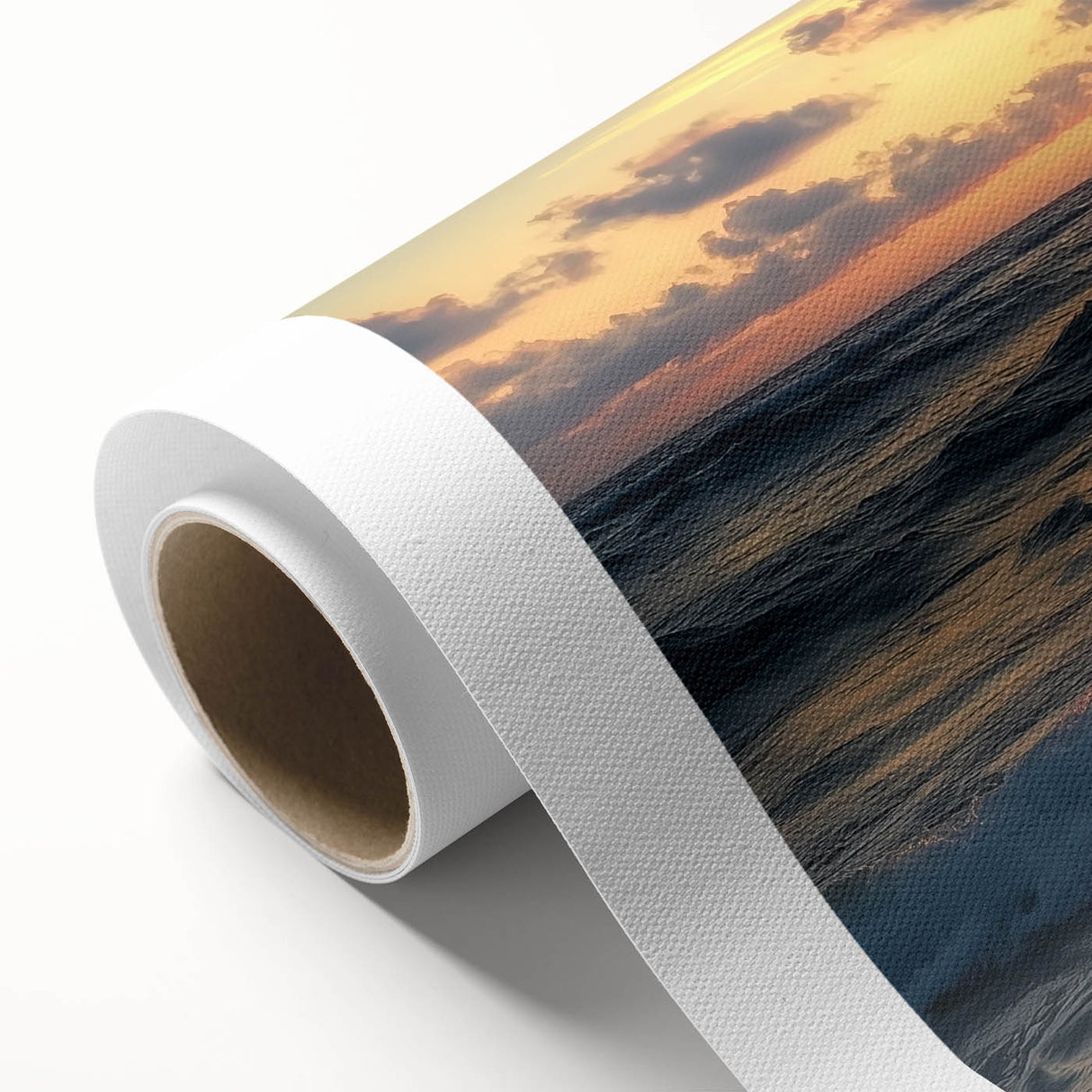 Vibrant rolled canvas artwork depicting a serene beach landscape, featuring soft waves and golden sand, ideal for coastal home decor, packaged securely in a tube.