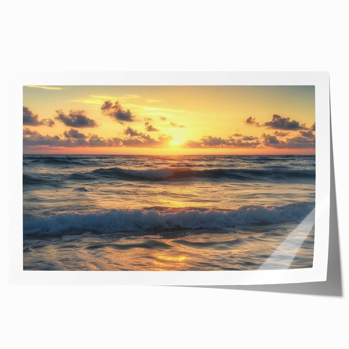 Rolled landscape art print showcasing serene beaches with soft waves and a vibrant sunset, packaged securely in a protective cardboard tube for safe delivery.