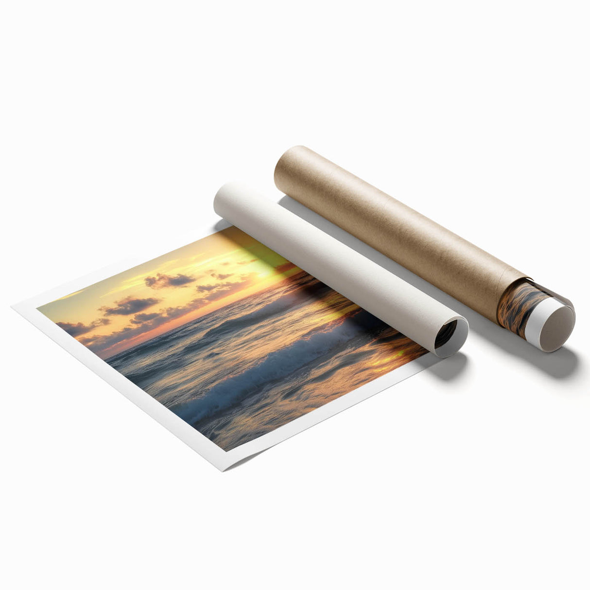 Vibrant landscape print depicting a serene beach scene with golden sand and azure waves, rolled and ready for framing in a protective cardboard tube. Perfect for coastal decor.