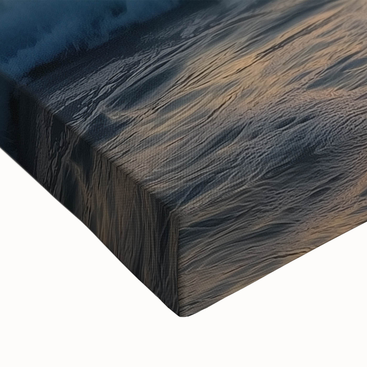 Close-up of a stretched canvas artwork depicting a serene beach landscape at sunset, showcasing vibrant colors and intricate details, perfect for home decor.