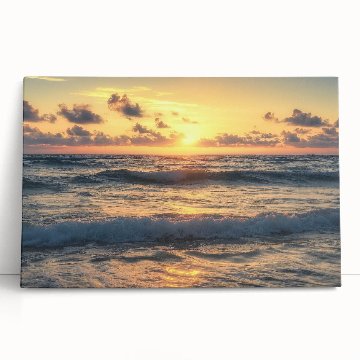 Stretched canvas artwork depicting a serene beach landscape at sunset, featuring vibrant colors of orange and blue, ideal for coastal home décor or relaxation spaces.