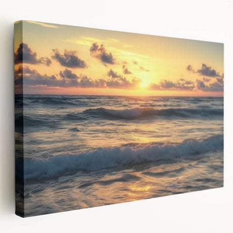Stretched canvas depicting a serene beach landscape with soft waves and vibrant sunset hues, showcasing intricate details and a side view for depth. Perfect for coastal home decor.