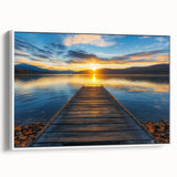 Framed canvas artwork showcasing a picturesque landscape of a bridge over a serene body of water, highlighted by soft pastel colors and a natural setting, ideal for home decor.