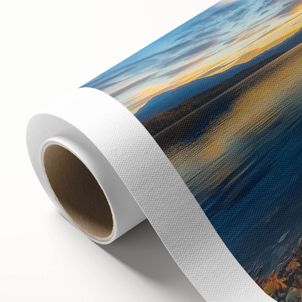 Rolled canvas showcasing a vibrant landscape bridge design, featuring rich colors and intricate details, securely packaged in a protective cardboard tube for shipping.