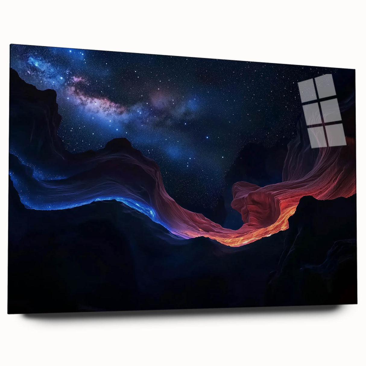 Landscape acrylic glass art piece showcasing vibrant canyons, emphasizing rich colors and intricate details, perfect for modern home decor, viewed from the side.