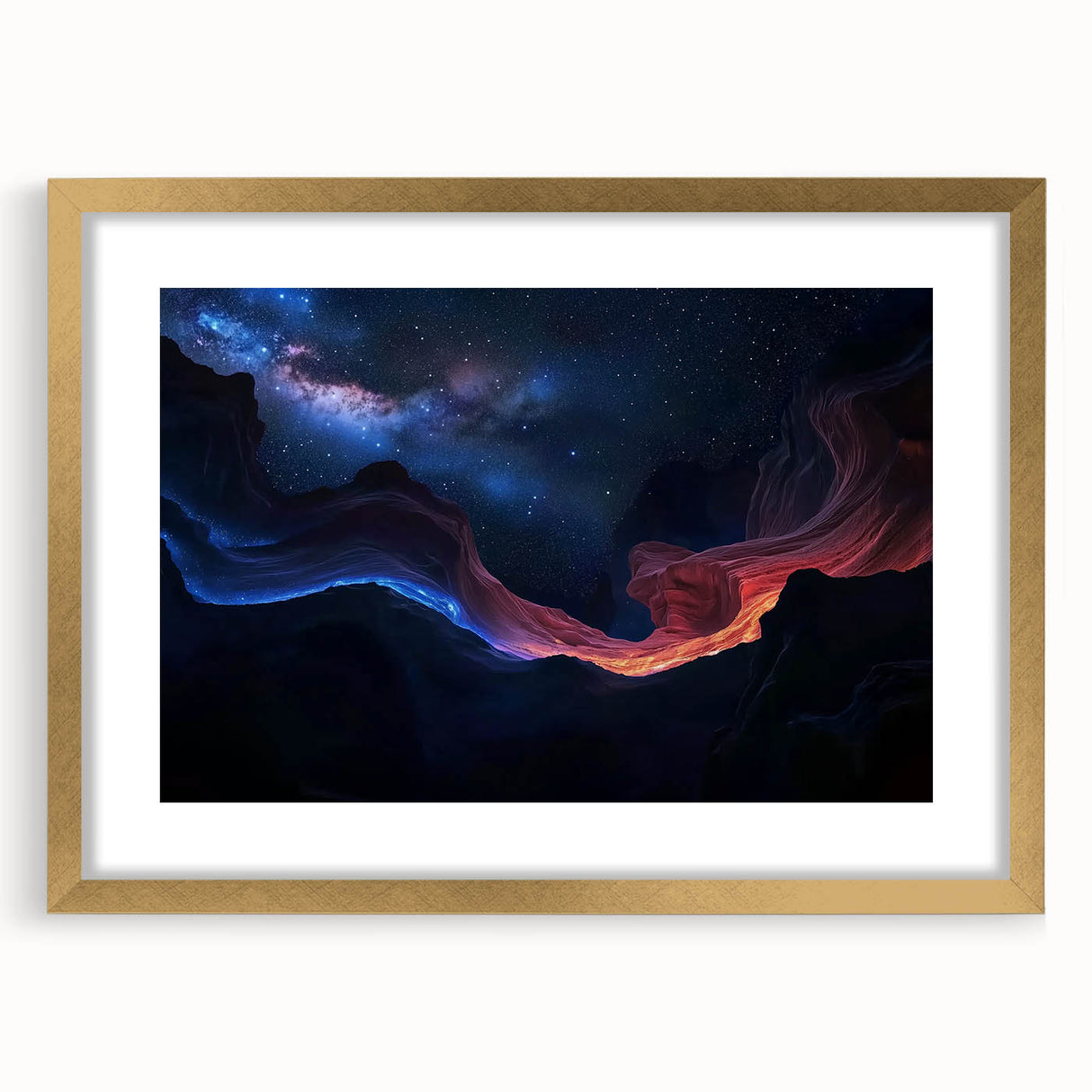 Elegant gold-framed landscape artwork depicting breathtaking canyons, complete with a mat for added depth, perfect for enhancing home décor or office spaces.