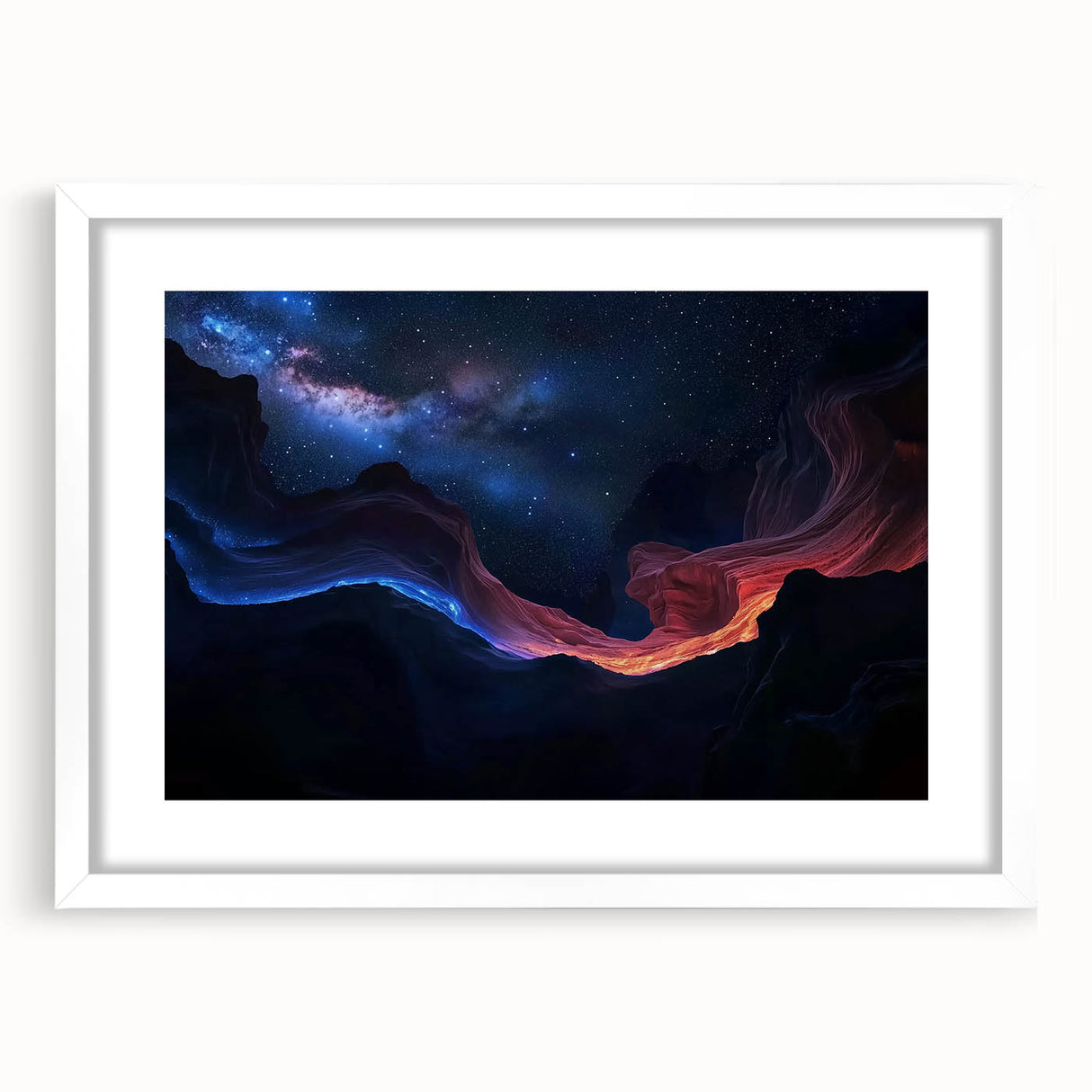 Framed landscape art print showcasing vibrant canyons with a white mat, perfect for modern home decor. Ideal for adding a touch of nature to any room.
