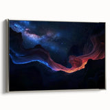 Framed landscape canvas depicting vibrant canyons in rich earthy tones, featuring a sleek silver frame that enhances the artwork's natural beauty, ideal for home decor.