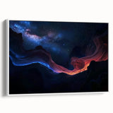 Framed landscape canvas artwork depicting vibrant canyons in rich earth tones, showcased against a sleek white frame, ideal for modern home decor.