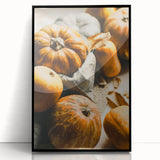 Large abstract wall art depicting autumnal trees in muted orange and brown shades, framed in black acrylic.