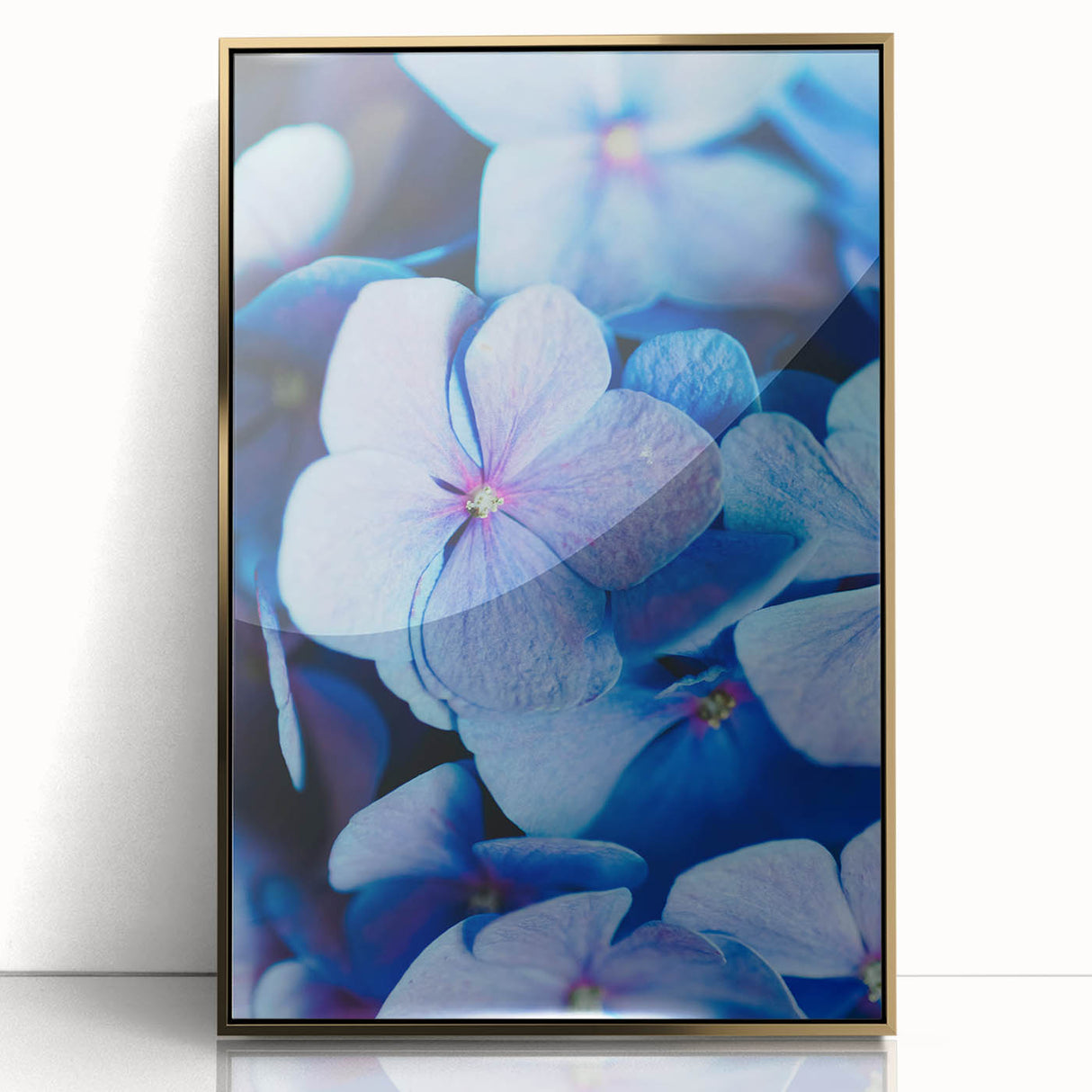 Large art print of a mid-century modernist spring scene in pastel shades, framed in gold acrylic, ideal for nursery wall art.