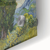 Mid-century modernist abstract art on acrylic glass, featuring swirling blue and yellow hues, ideal for dining room art.