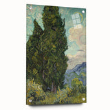 Acrylic print of a Van Gogh-inspired abstract in blue and yellow tones, suitable for bedroom or dining room decor.