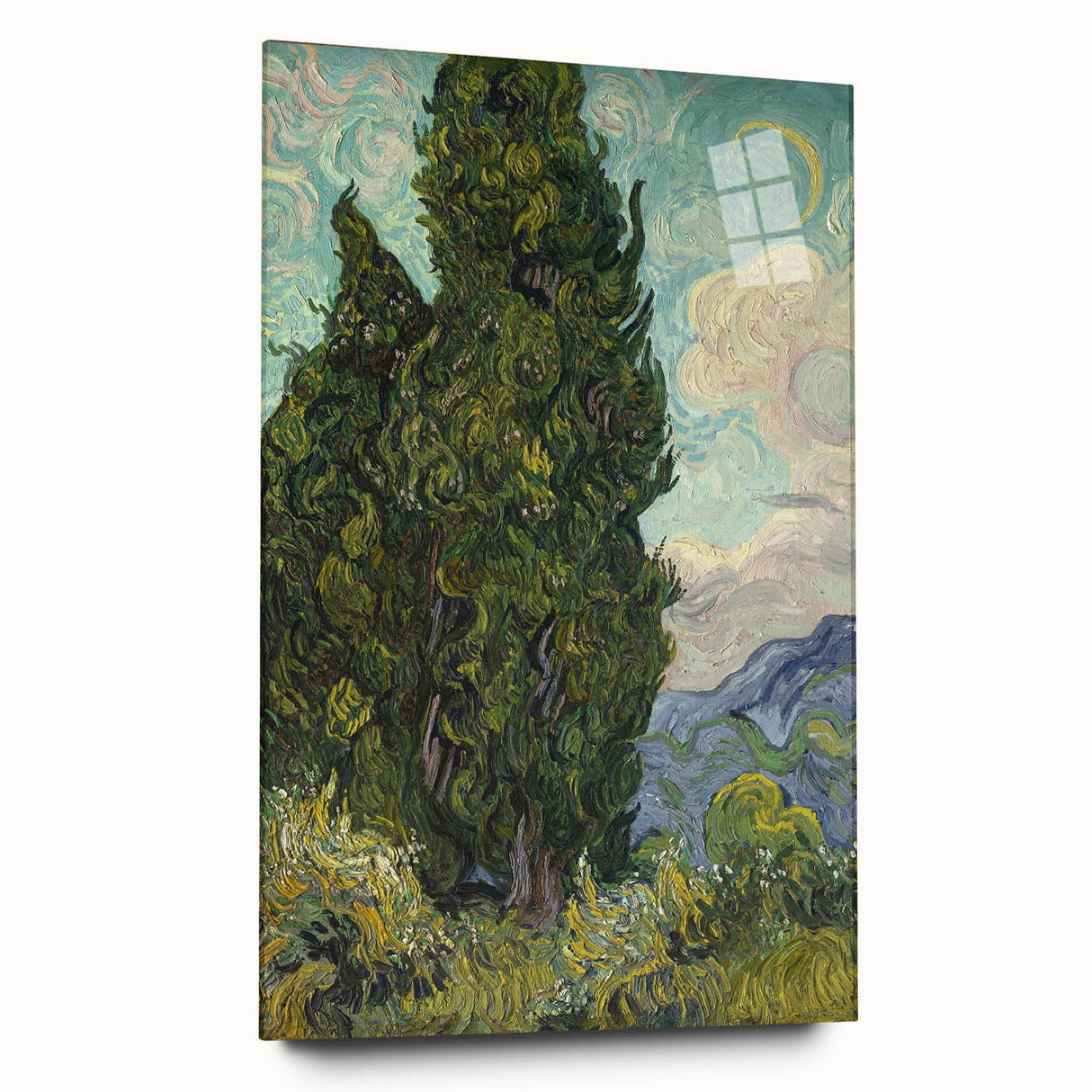 Large abstract wall art print on acrylic glass featuring swirling blue and yellow tones.
