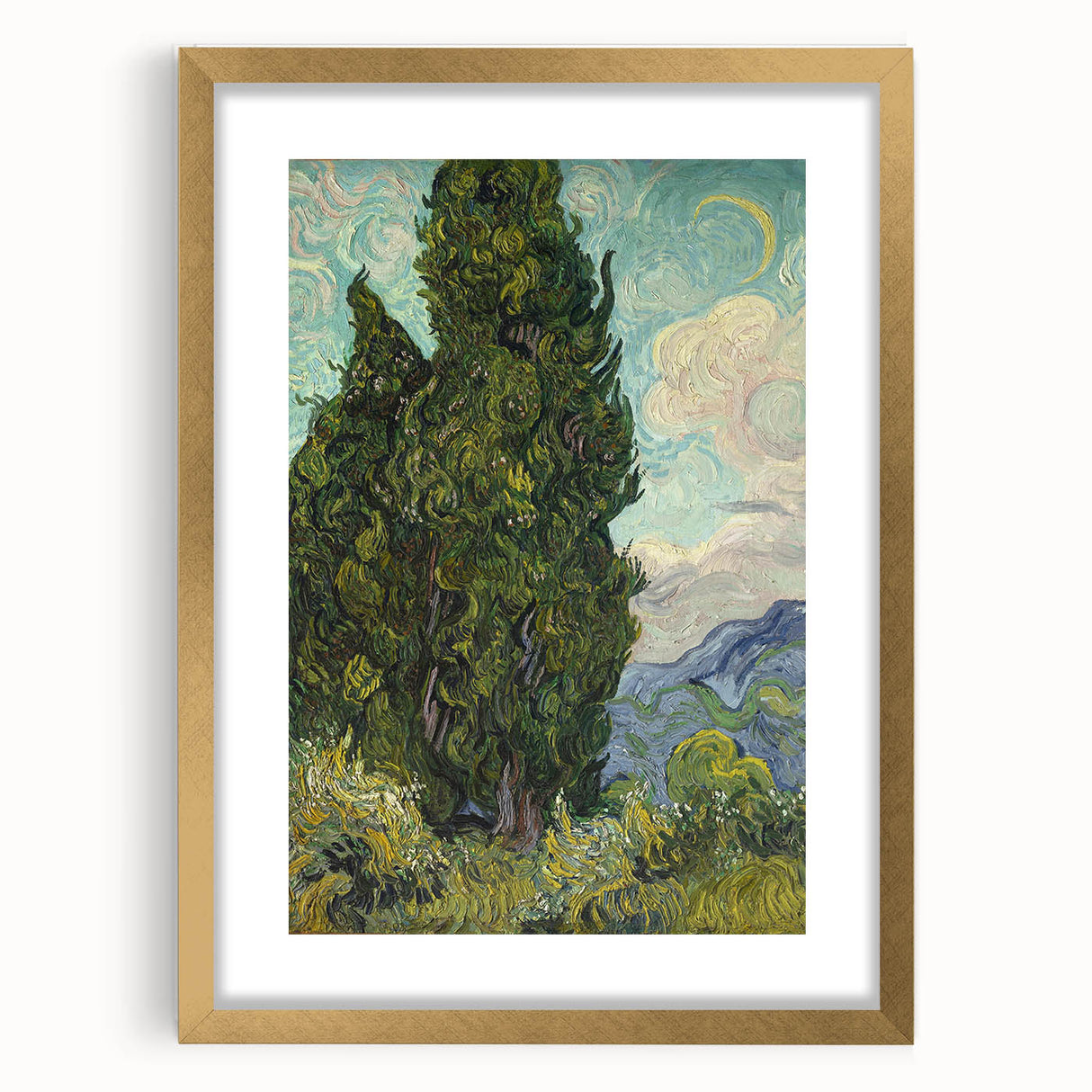 Abstract art print featuring swirling blue and yellow tones on a framed canvas, suitable for bedroom or dining room decor.