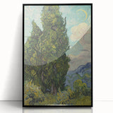 Large abstract wall art featuring swirling blue and yellow patterns on a black acrylic frame.