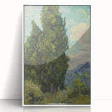 Mid-century modernist art depicting a Van Gogh-inspired abstract scene in vibrant colors on a white acrylic framed poster.