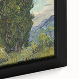 Close-up of a textured, extra large framed canvas featuring a colorful abstract design on a black background.