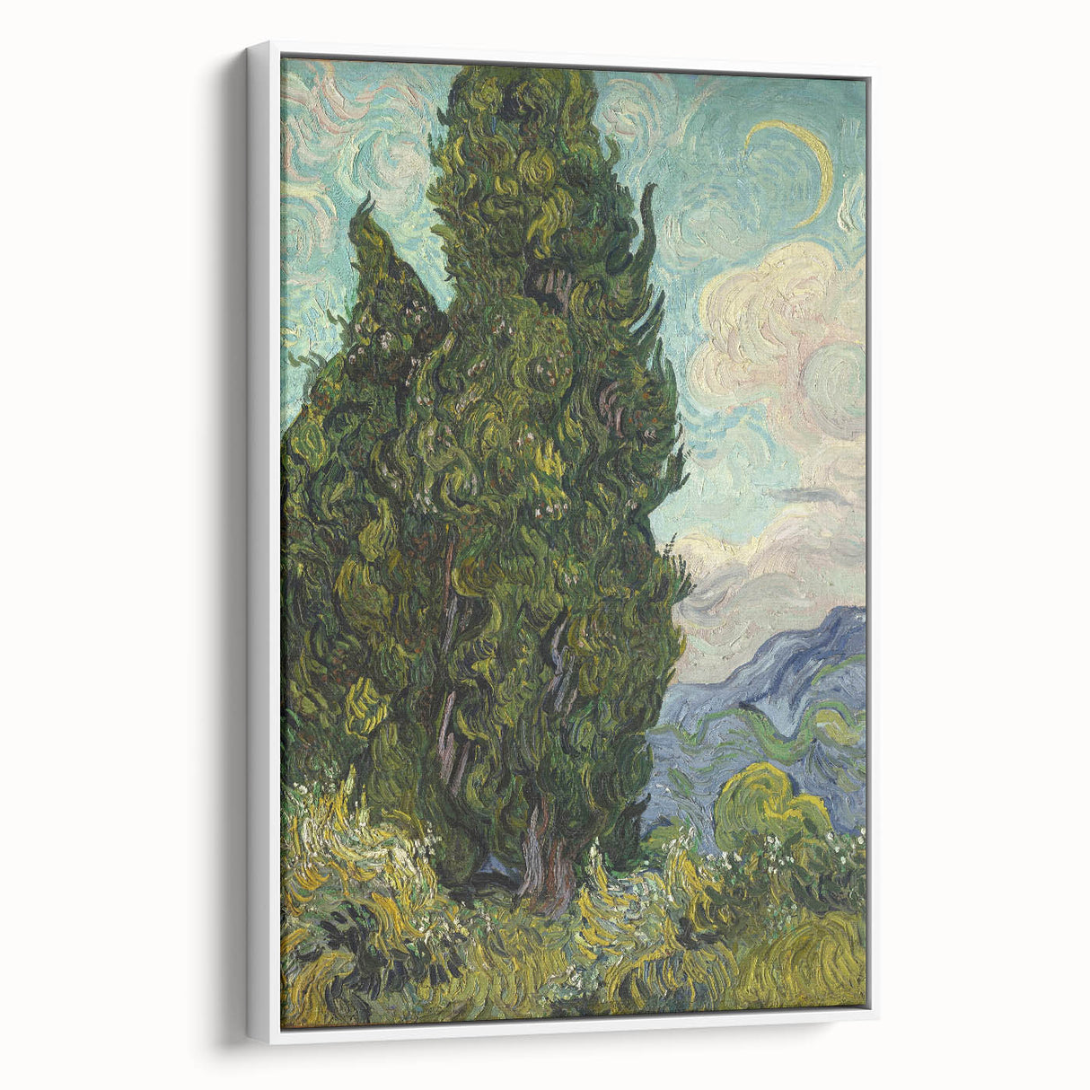 Framed canvas of Van Gogh-inspired vintage poster art featuring vibrant color splashes, ideal for living room decor.