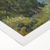 Art deco poster featuring a Van Gogh-inspired scene on rolled canvas, with vibrant blue and yellow tones.