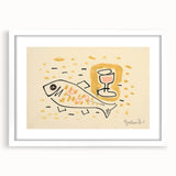 Modern Wall Art: Abstract Still Life with Fish and Wine Glass Design