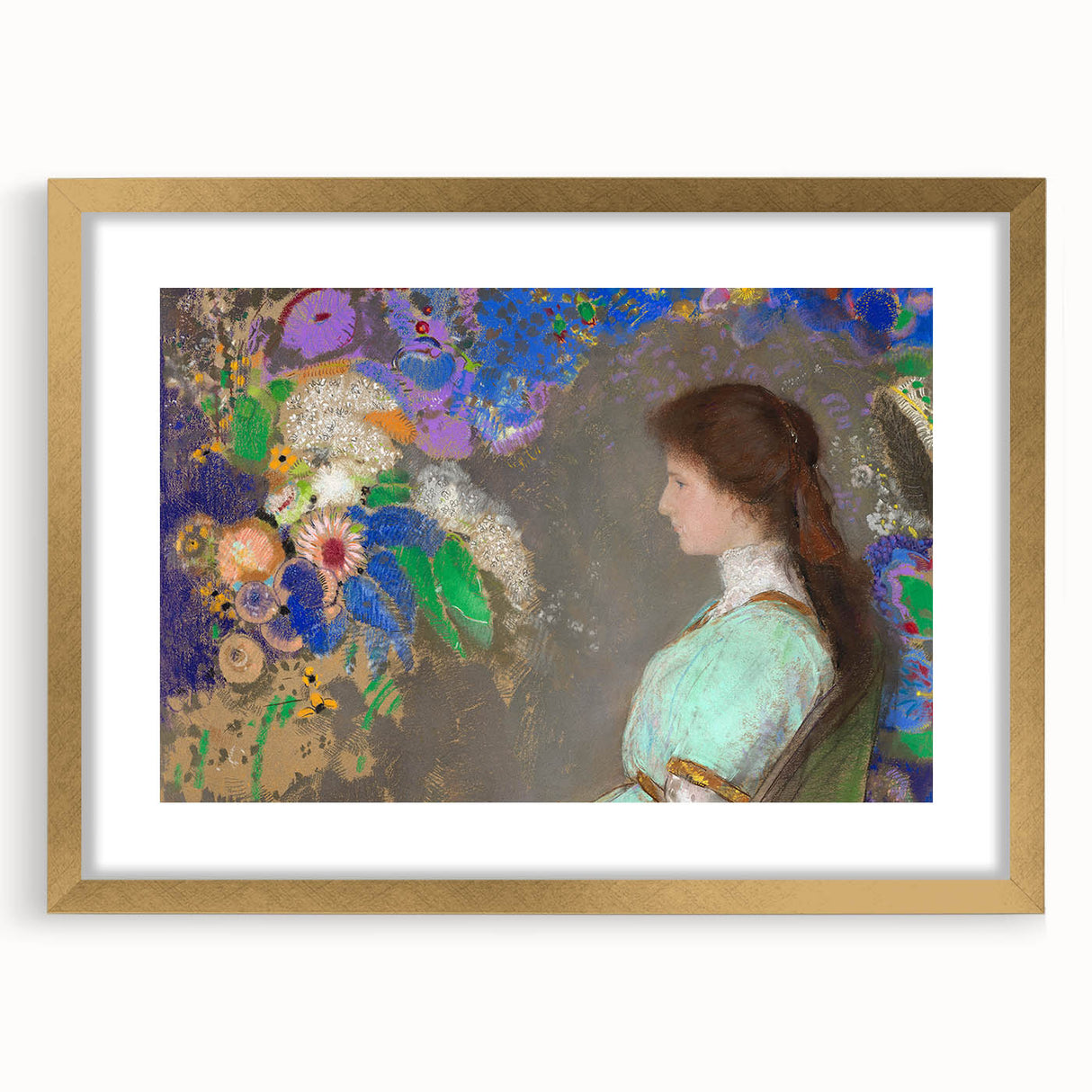 Modern Wall Art: Portrait with Vibrant Floral Surroundings in Soft Hues
