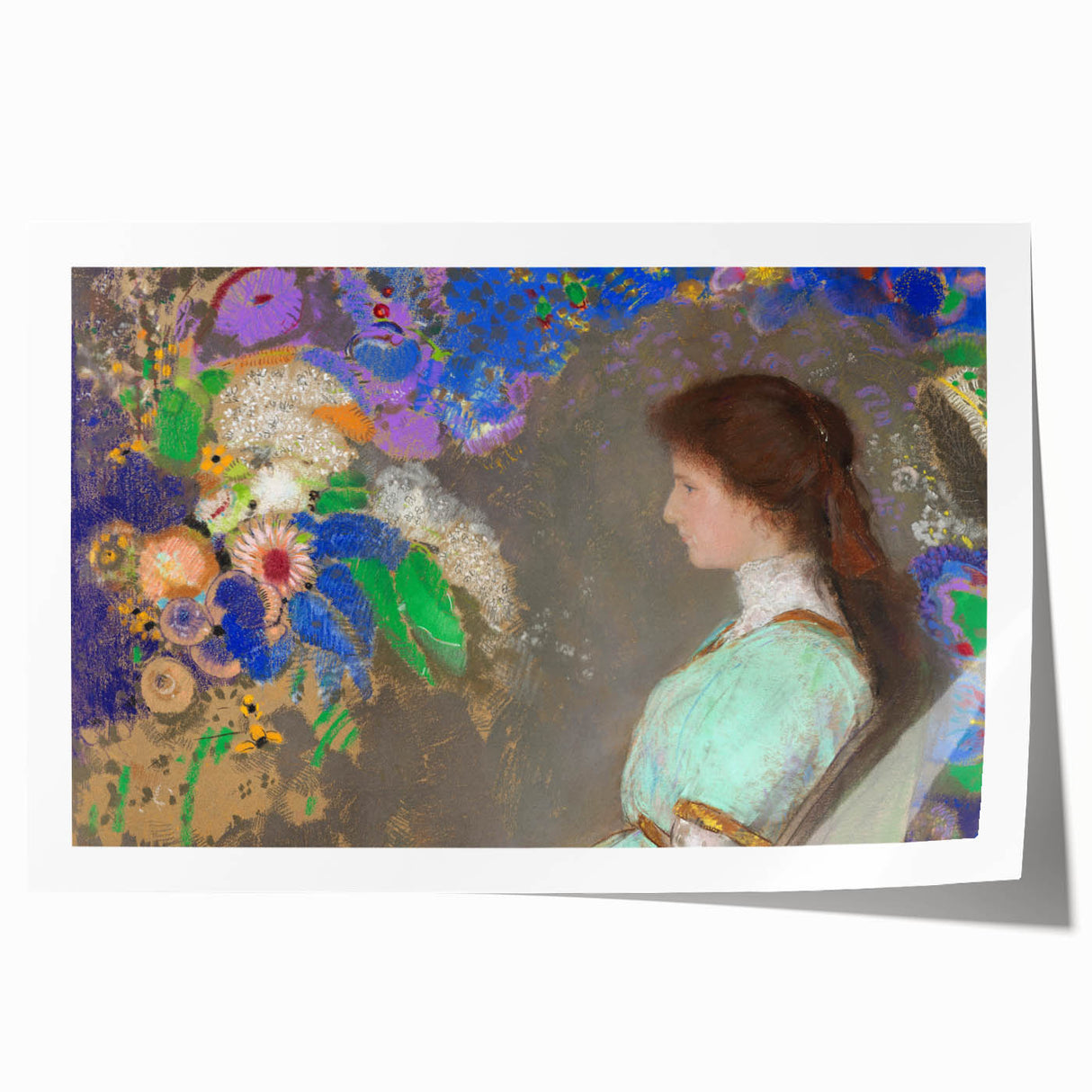 Modern Wall Art: Portrait with Vibrant Floral Surroundings in Soft Hues