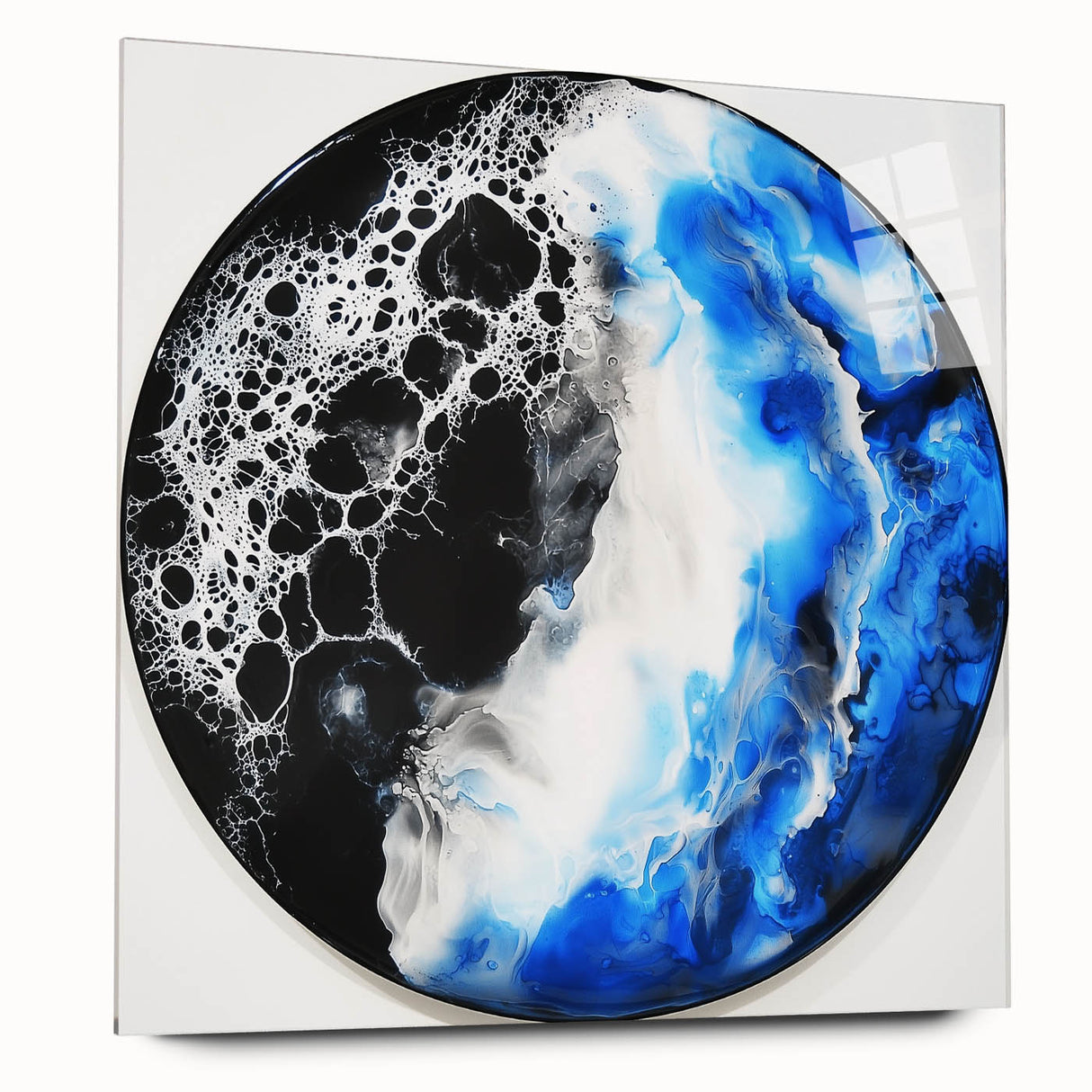 Abstract geometric acrylic glass artwork displayed from a side angle, showcasing vibrant colors and intricate patterns, perfect for modern interior decor.