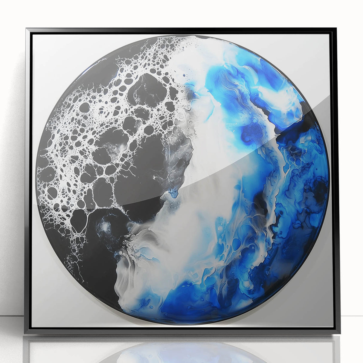 Framed abstract geometric wall art in black acrylic, showcasing intricate patterns and shapes, perfect for modern home decor, enhancing any stylish interior.