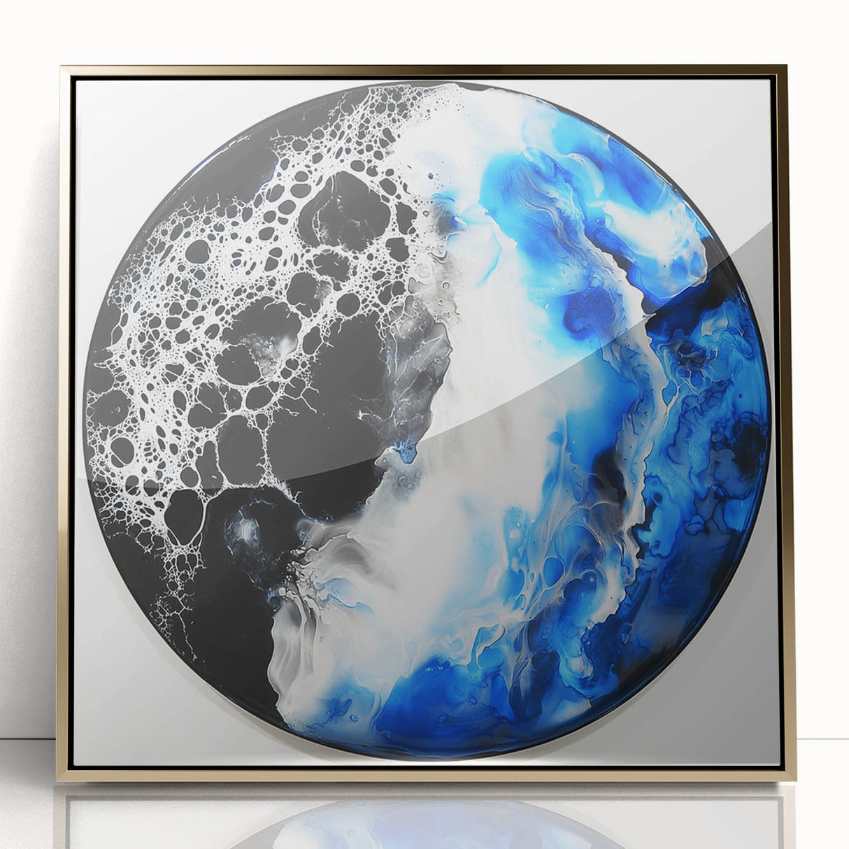 Framed abstract geometric art piece with gold accents, showcasing a modern design on clear acrylic. Perfect for contemporary home decor, adding elegance and style.