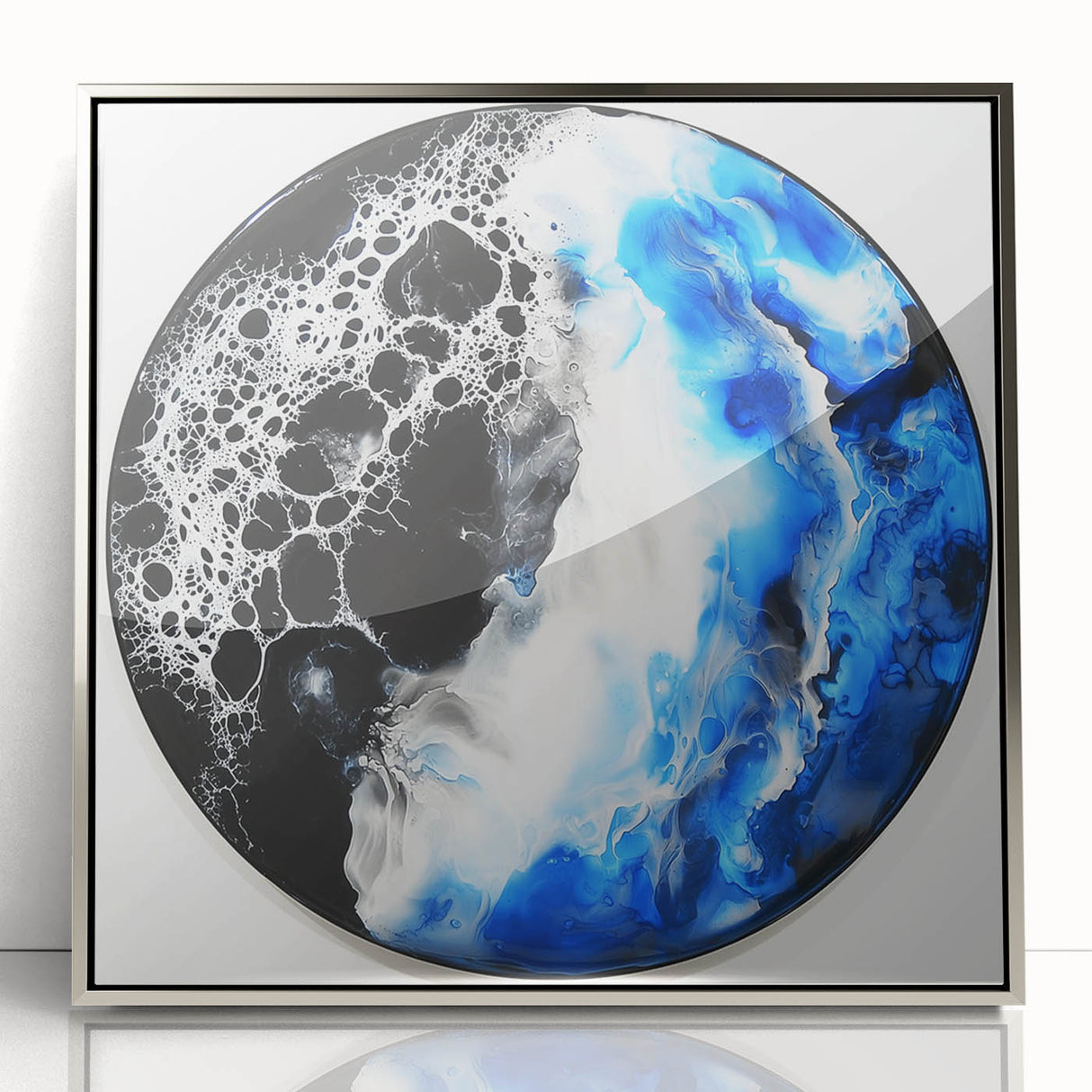 Abstract geometric framed acrylic artwork showcasing a silver design with intricate patterns, ideal for modern interior decor. Perfect for adding elegance to living spaces.