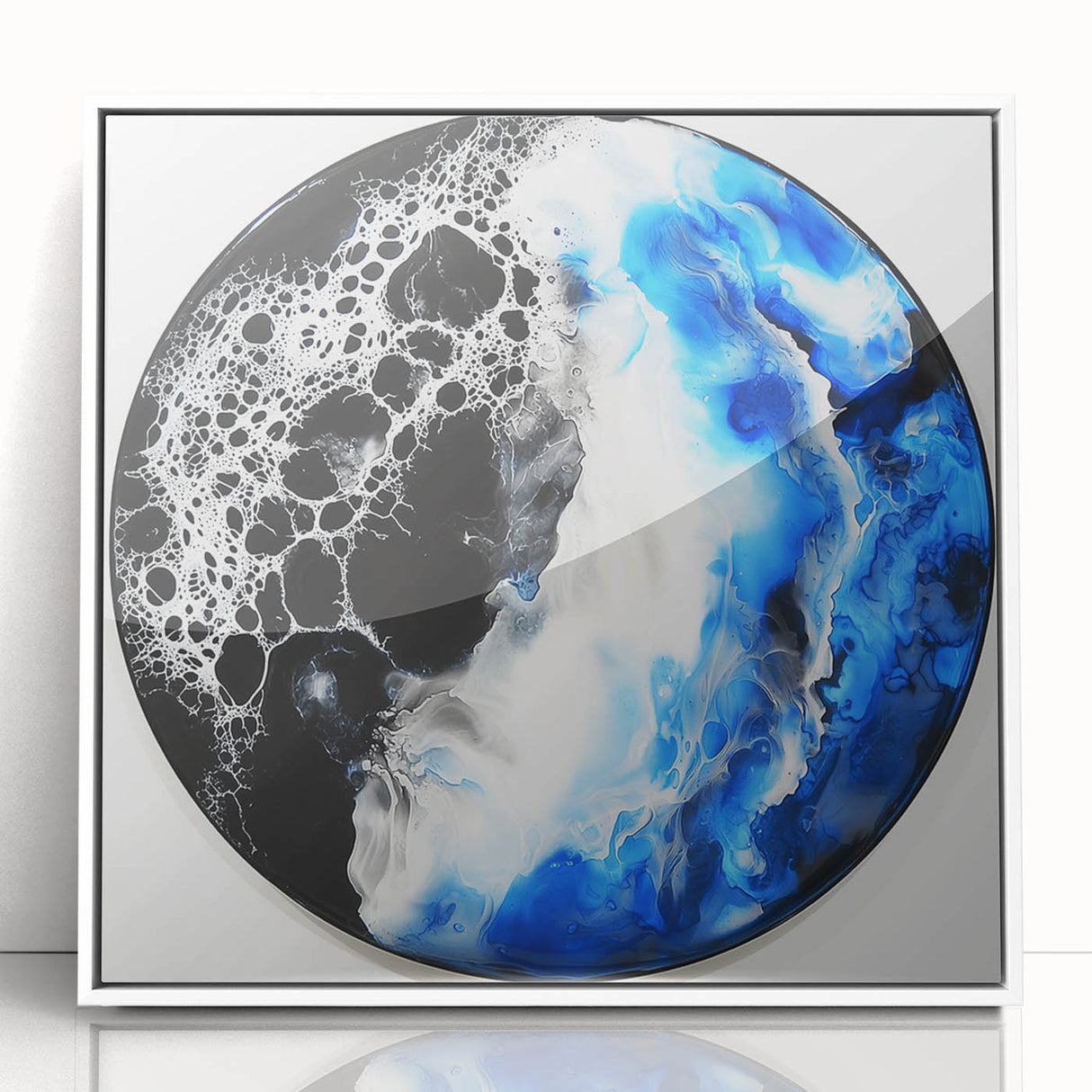 Abstract geometric framed acrylic artwork in white, showcasing intricate patterns and vibrant colors, ideal for modern home decor and art enthusiasts.