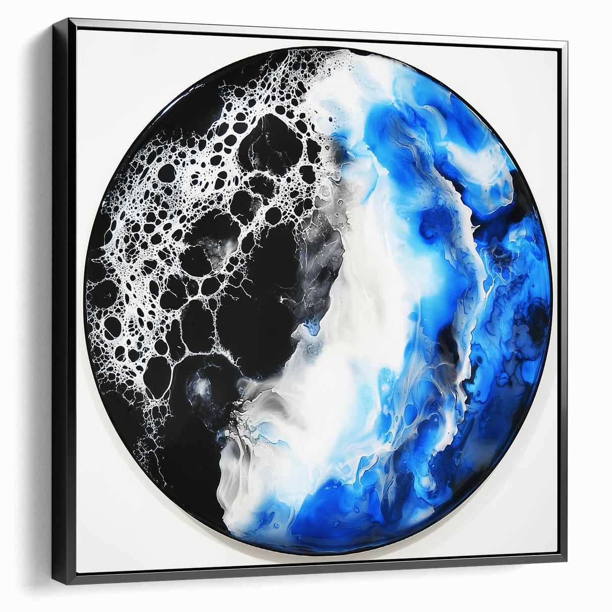 Abstract geometric framed canvas artwork in black, showcasing a modern design with sharp lines and shapes, ideal for contemporary home decor.