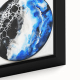 Close-up of an abstract geometric framed canvas artwork showcasing vibrant colors and intricate shapes, perfect for modern home decor enhancement.