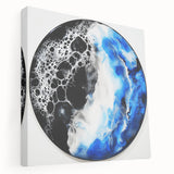 Abstract geometric stretched canvas artwork showcasing vibrant colors and bold shapes, displayed in a side view to highlight its depth and texture. Ideal for modern home decor and artistic interior design, this piece adds a contemporary touch to any space.