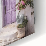 Close-up of a Greek architecture door design on acrylic glass, featuring large abstract art in mid-century modernist style.