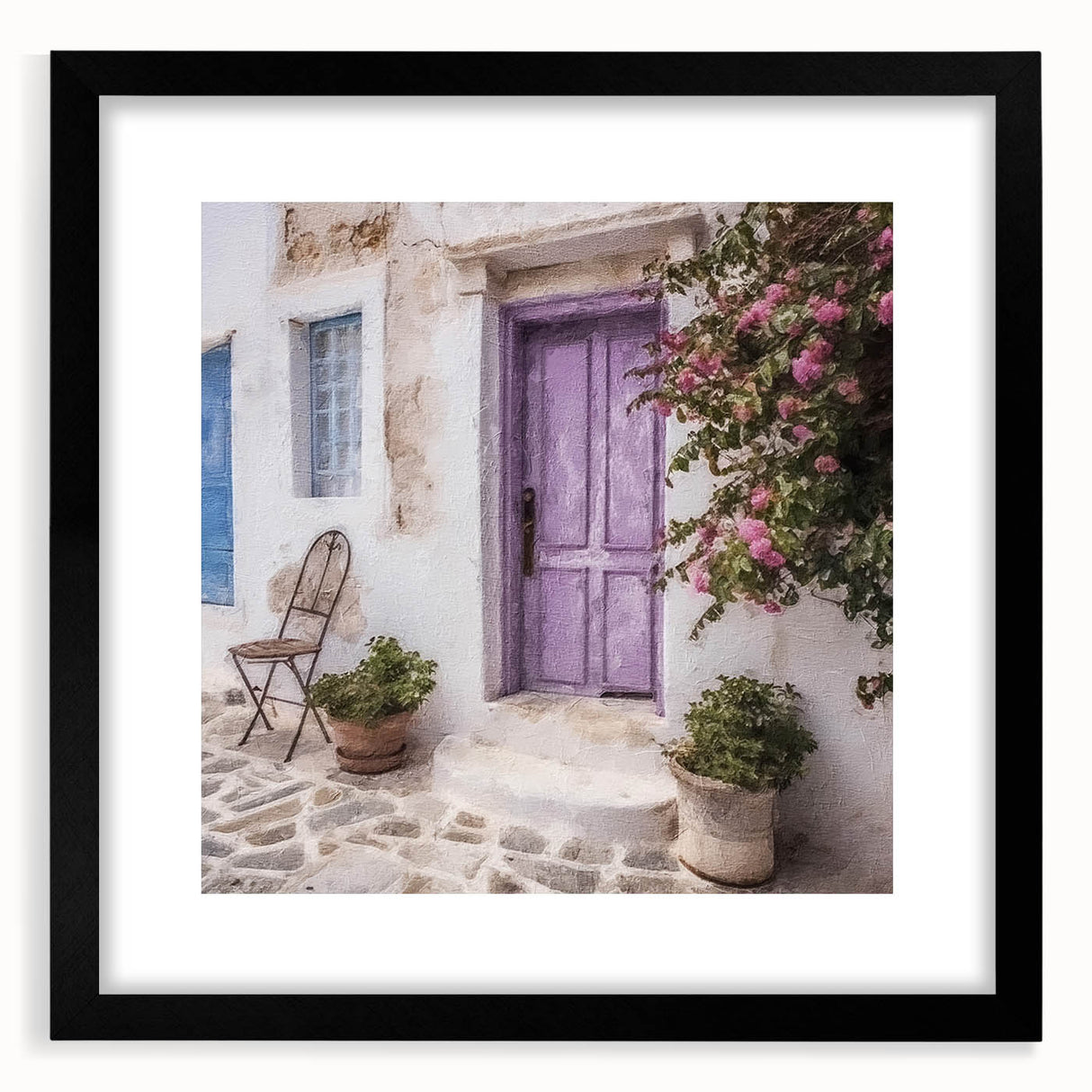 Extra large abstract art print featuring a colorful, textured depiction of a Greek door, framed in black.