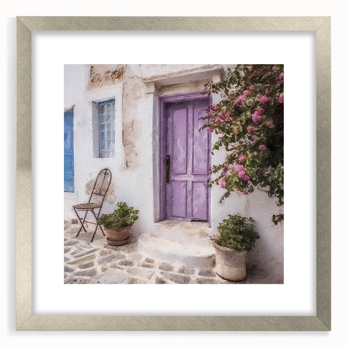Textured abstract art print of a Greek door design in muted earth tones on a framed canvas, suitable for bedroom decor.