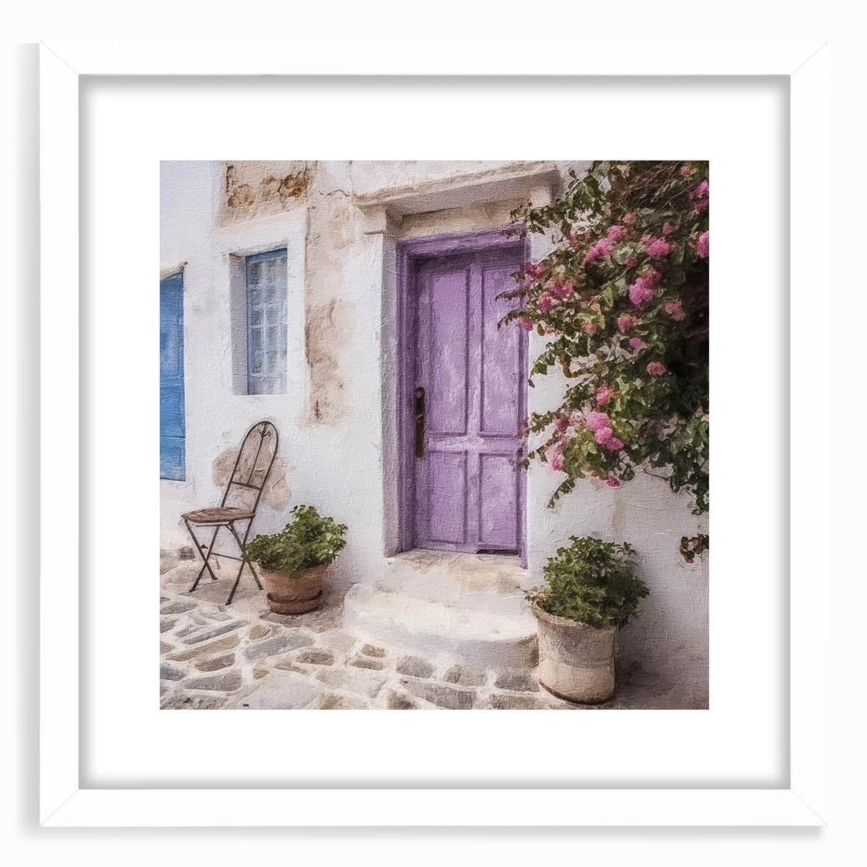 Abstract art print of a Greek door in muted beige and white tones, framed with a white mat, ideal for dining room decor.