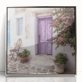 Mid-century modernist art depicting a Greek door, in silver framed acrylic, suitable for nursery wall decor.